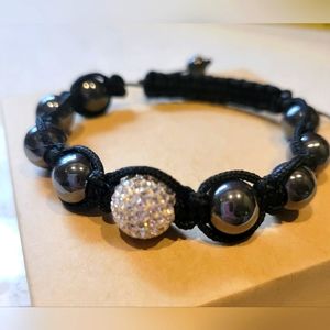 Semi-Precious Natural Hematite Grey Gemstone w/ White & Silver Crystal Bracelet